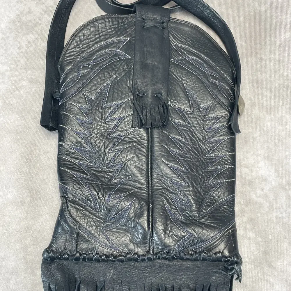 Vtg Black Leather Western Boot Fringe Crossbody Purse Indian Coin Blue Stitching